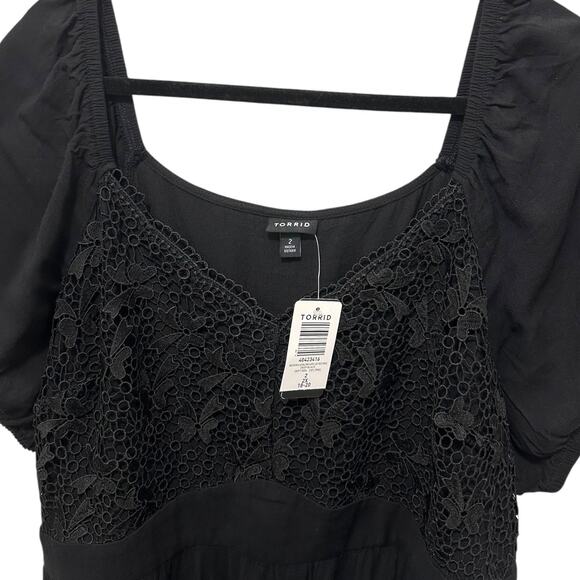TORRID Dress Womens Size 2X Mini Rayon Slub Balloon Sleeve Lace Inset Deep Black - Picture 4 of 12